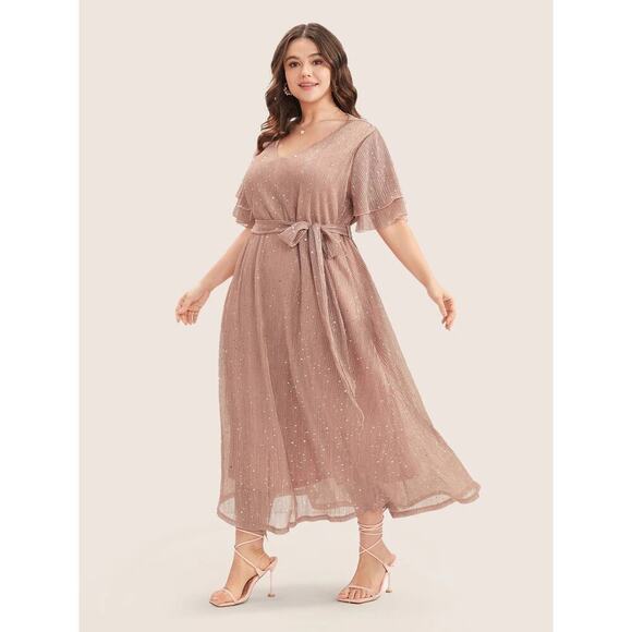 ✨ Plus Size 2X Dress with Ruffled Sleeves Sequins Sparkles & Pockets BloomChic - Picture 2 of 8